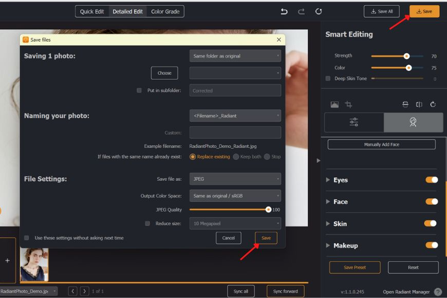 Options d'export et sauvegarde Radiant Photo