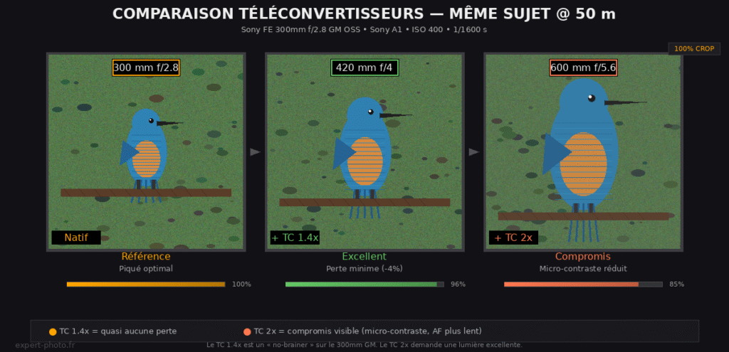 Comparaison visuelle — 300 mm natif vs TC 1.4x vs TC 2x