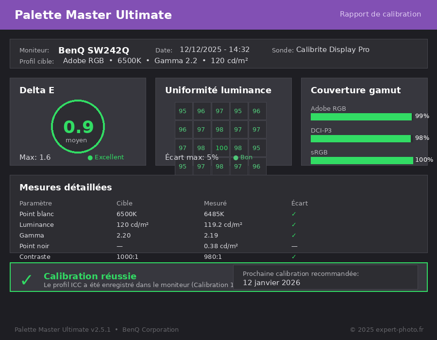Capture d'écran du rapport de calibration PMU montrant Delta E et uniformité