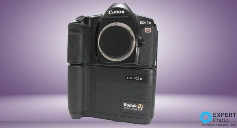 Canon EOS DCS-5 : avis historique et verdict 2026 Canon EOS DCS-5c de face, sans objectif — monture EF ouverte, dos Kodak Digital Science greffé sous le boîtier EOS-1N