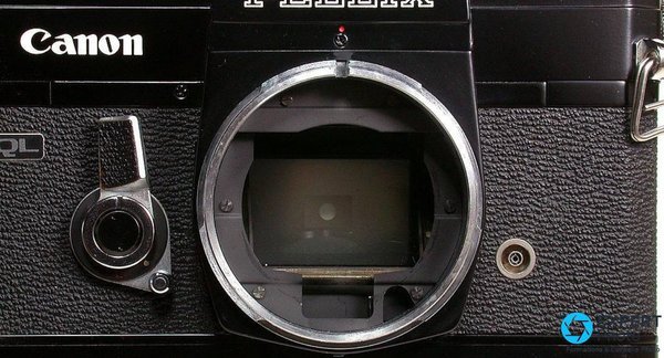 Canon Pellix QL version noire en trois-quarts avant avec Canon FL 35mm f/3.5, levier stop-down et molettes visibles