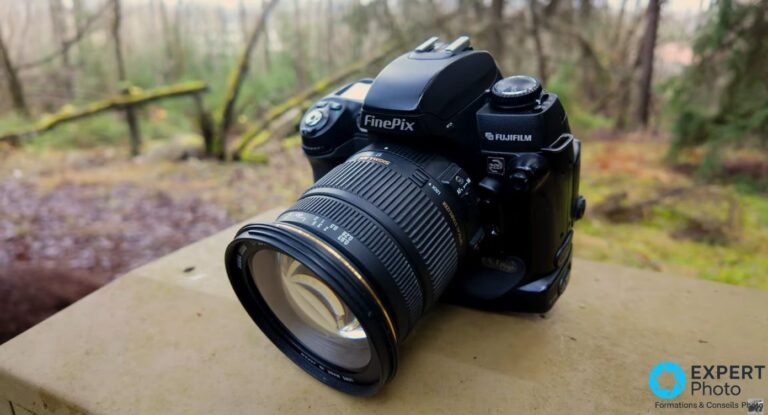 Fujifilm FinePix S3 Pro en face avant trois-quarts avec zoom Sigma monté, posé sur un muret, arrière-plan boisé flou