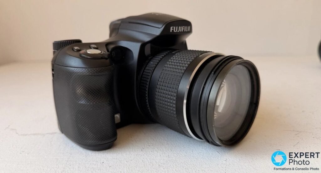 Fujifilm FinePix S6500fd trois-quarts face avec grip profond texturé et objectif Fujinon avec filtre UV vissé
