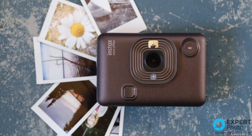 Instax Mini LiPlay marron en angle sur fond bleu, tirages instax mini derrière, objectif et flash doré visibles