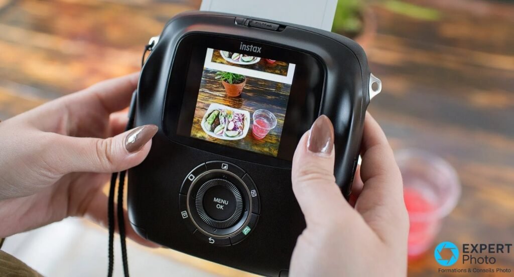 Fujifilm Instax Square SQ10 et Instax Wide 300 posés côte à côte sur table bois, comparaison de gabarit et de forme