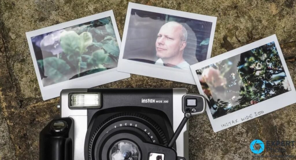 Fujifilm Instax Wide 300 vu de dessus sur pierre, trois tirages Wide autour : portrait homme, macro feuillage, fleurs couleur