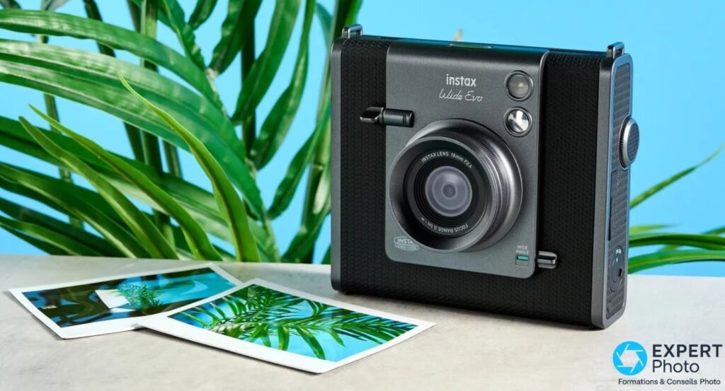 Instax Wide Evo noir de face avec deux tirages Wide posés devant lui sur fond bleu, plante tropicale en arrière-plan