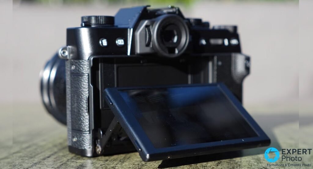 Fujifilm X-T30 vu de trois-quarts arrière, écran arrière déployé incliné vers le bas pour cadrage en plongée