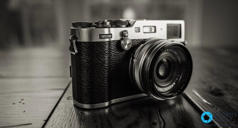 Test Fujifilm X100F : faut-il encore l’acheter en 2026 ? Fujifilm X100F argent posé sur bois, vue trois quarts face avant en noir et blanc, objectif 23 mm et grip apparents.