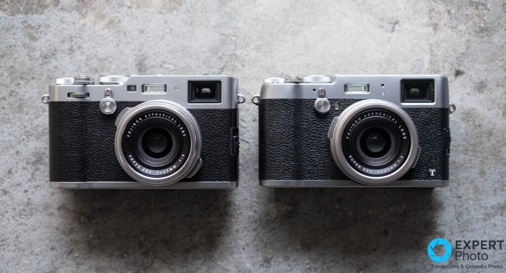 Fujifilm X100F argent et Fujifilm X100T argent posés côte à côte sur fond béton, vue frontale des deux boîtiers.