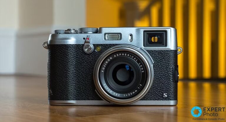 Fujifilm X100S avec objectif Fujinon 23 mm f/2, bague de diaphragme visible (5.6, 8, 11, 16, A) et viseur hybride.