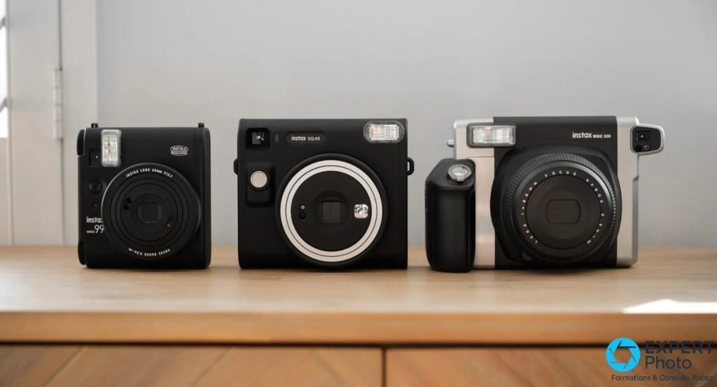 Trois appareils Fujifilm Instax côte à côte : Mini 99, SQ40 et Wide 300, comparaison de gabarit