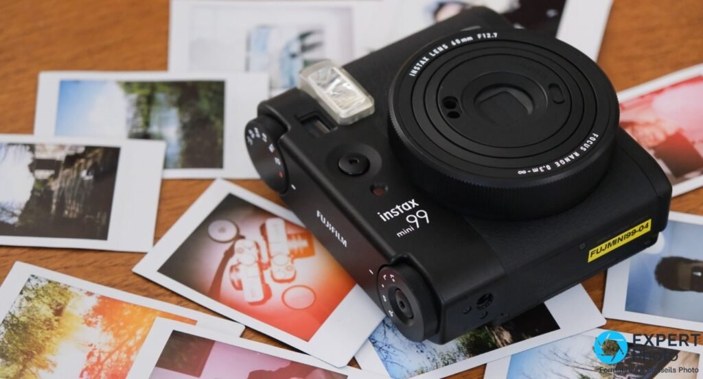 Instax Mini 99 noir vue 3/4 depuis le dessus, molettes de réglage et logo Fujifilm visibles, tirages Instax épars