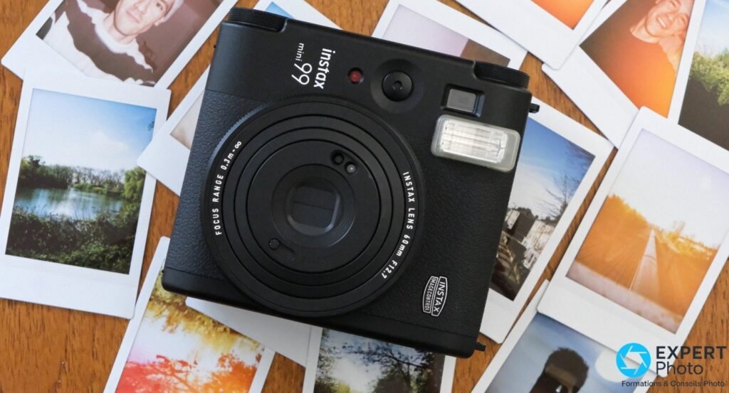 Instax Mini 99 noir posé à plat sur table bois, tirages Instax Mini colorés épars, flash et viseur visibles