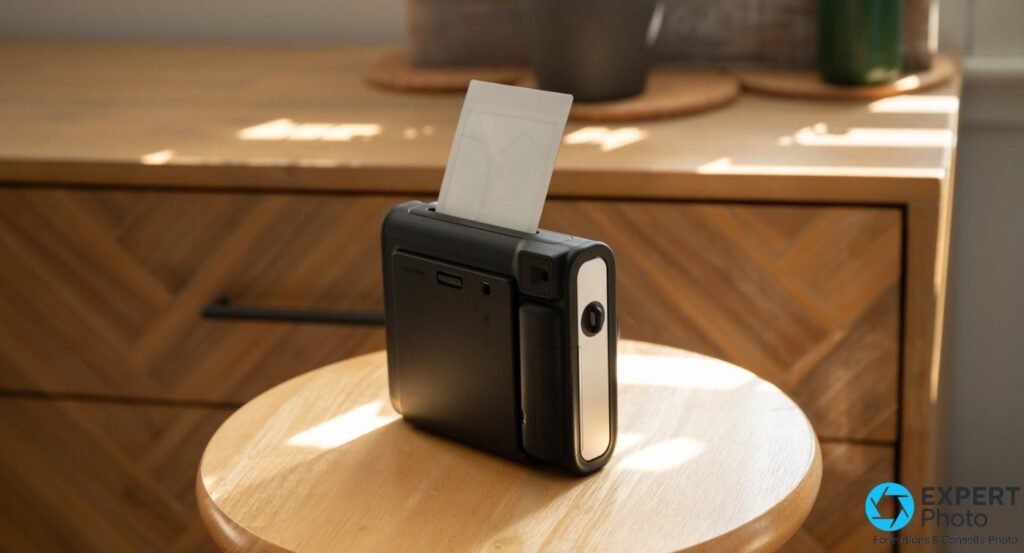 Fujifilm Instax Square SQ40 noir éjectant un tirage carré, posé sur tabouret en bois, lumière chaude intérieure