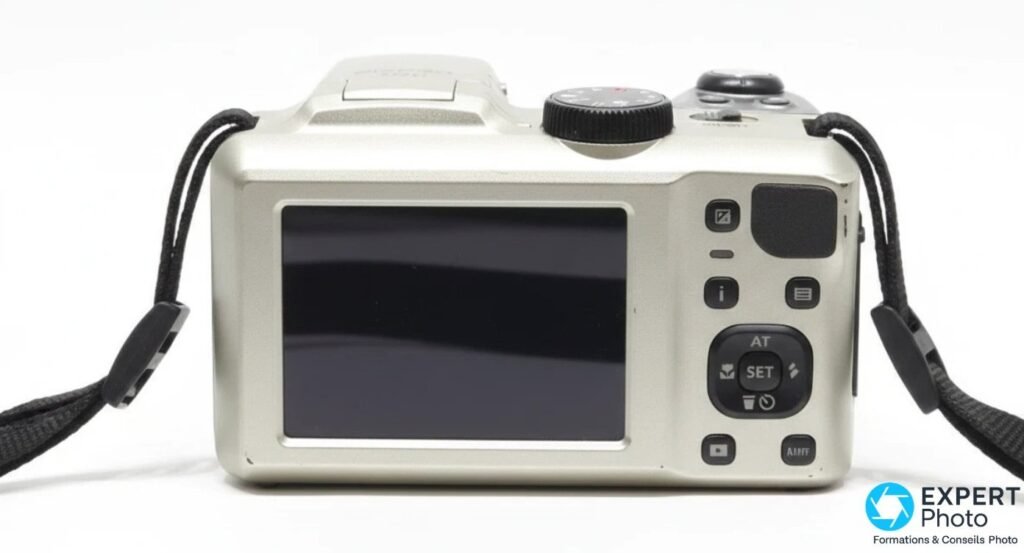 Kodak PIXPRO AZ251 argent, vue trois quarts avant, objectif PIXPRO Asphetic HD Zoom 24-600 mm déployé, capuchon Kodak pendant