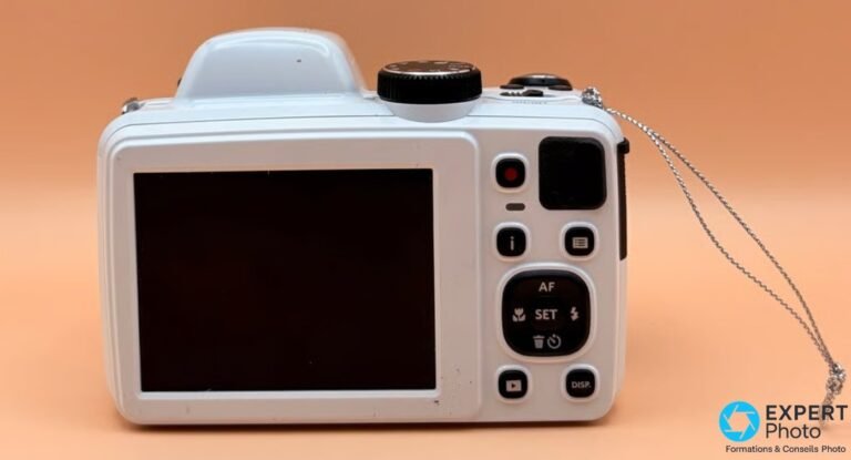 Kodak Pixpro AZ421 blanc vu de face : zoom étendu, logo Kodak, inscription AZ421, molette P/A/S/M et bouton ON/OFF