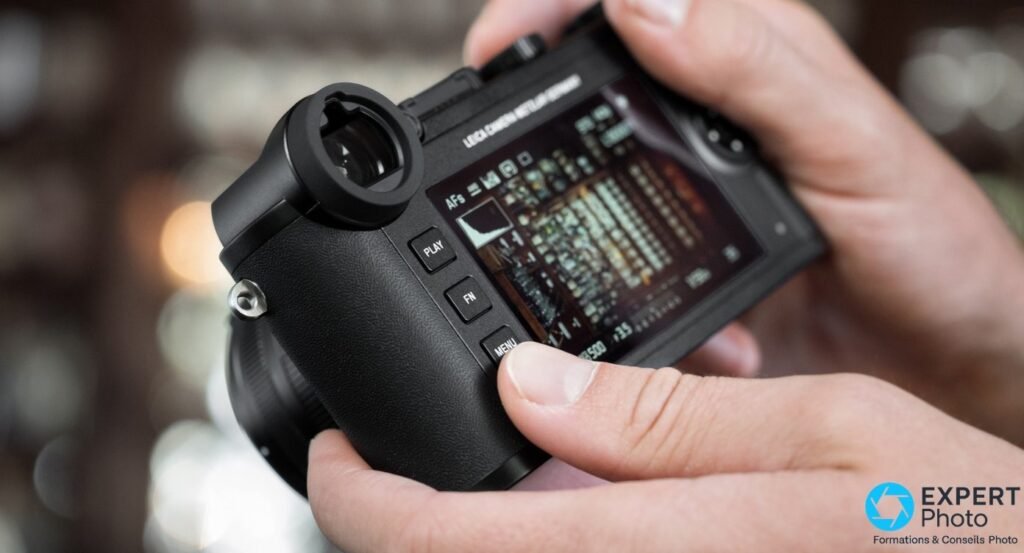 Leica CL vu de dos, mains tenant le boîtier, écran tactile affichant l'interface de réglages avec histogramme et paramètres