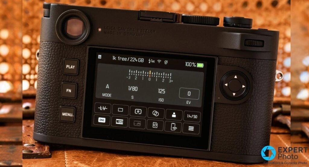 Leica M11 Monochrom : écran tactile en mode prise de vue, formats DNG, L-DNG et L-JPG affichés en bas. 