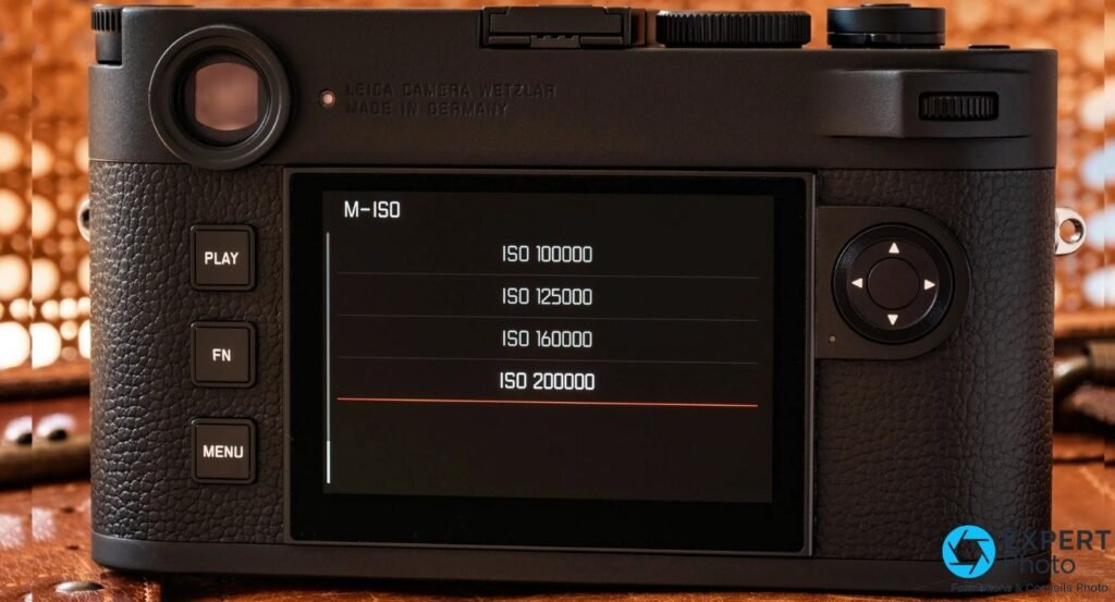 Leica M11 Monochrom : écran arrière affichant le menu M-ISO avec ISO 100 000, 125 000, 160 000 et 200 000.