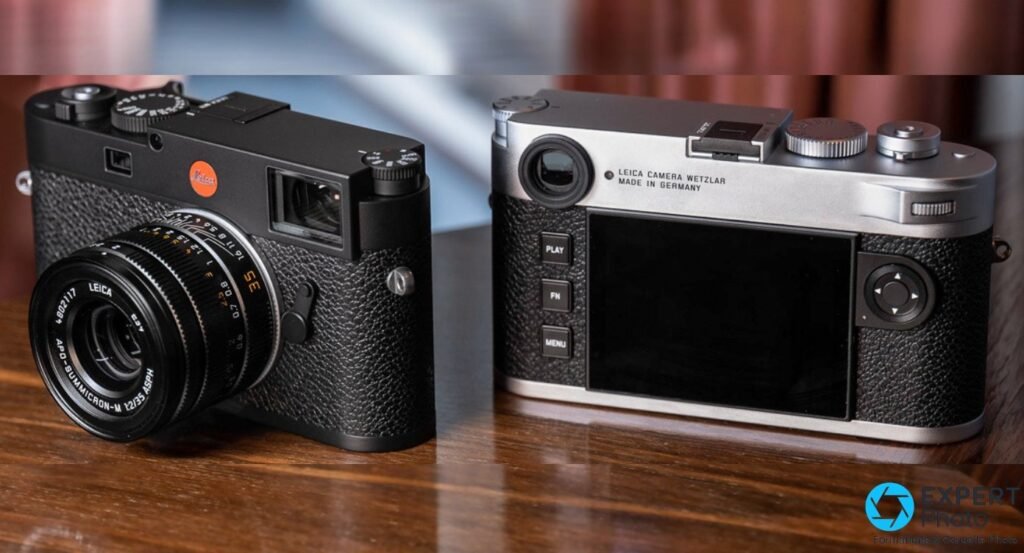 Leica M11 noir vu de face avec APO-Summicron-M 35 mm et M11 argenté vu de dos, écran et boutons Play/Fn/Menu. 