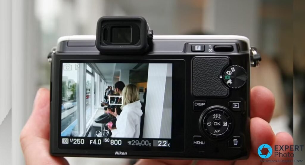 Écran arrière du Nikon 1 V1 en live view, mode P, 1/250, F4.0, ISO 800, cadre AF visible sur sujet