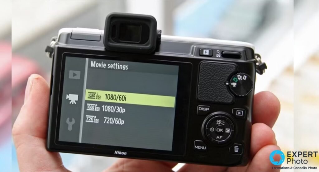 Menu Movie settings du Nikon 1 V1 affichant les options vidéo 1080/60i, 1080/30p et 720/60p