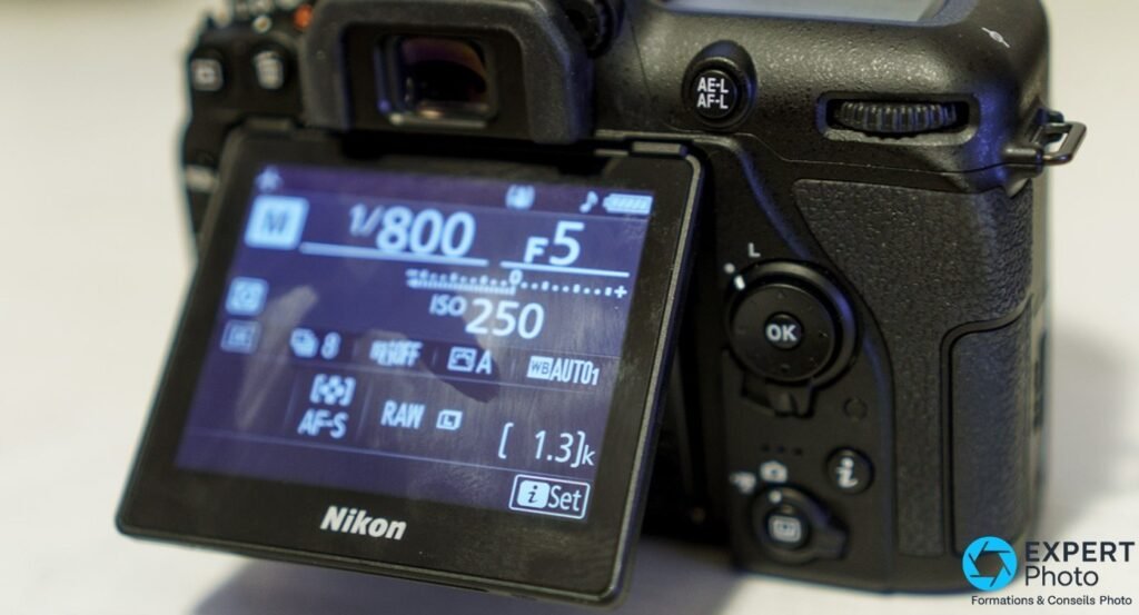 Nikon D7500 dos, écran LCD bleu incliné affichant mode M, 1/800s, F5, ISO 250, AF-S, RAW, WB AUTO1, 1300 vues