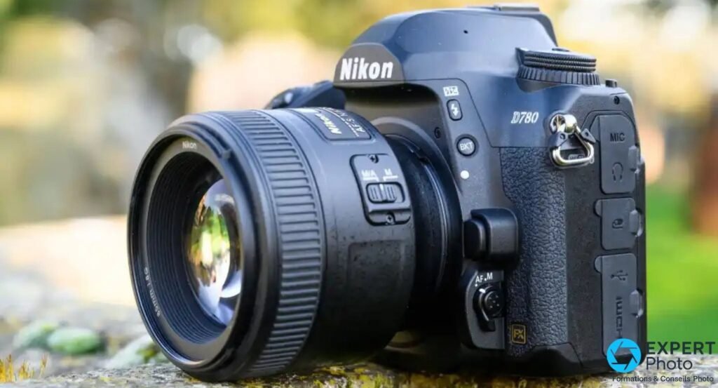 Nikon D780 trois quarts gauche, objectif 50 mm f/1.8G monté, prises MIC et cache connectiques sur le flanc gauche