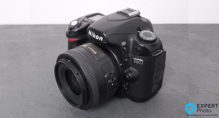 Nikon D80 posé en trois-quarts avant sur surface grise, objectif Nikon AF-S DX monté, molette de modes et logo D80 visibles