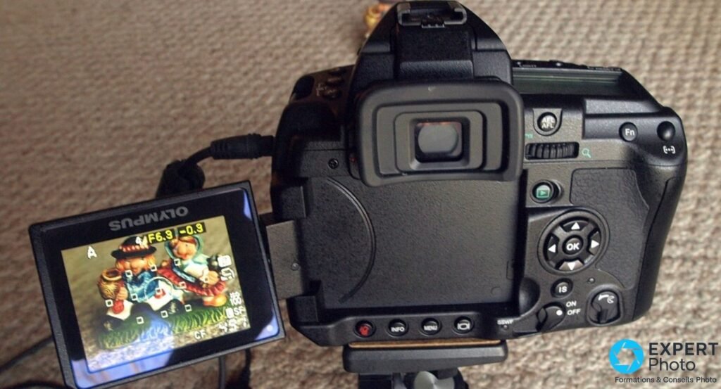 Olympus E-3 vu de dos, écran orientable sorti affichant un Live View avec indicateurs F6.9 et collimateurs AF. 