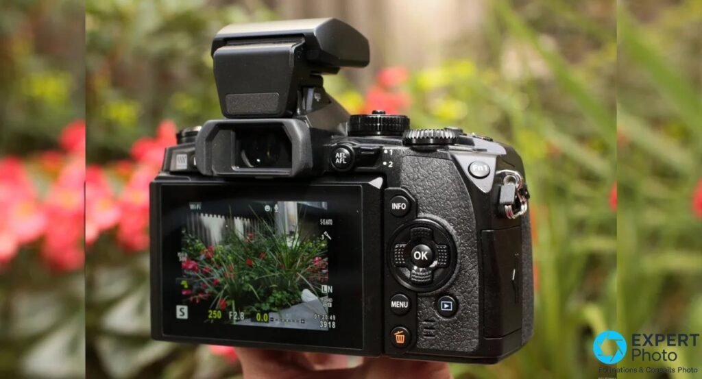 Dos de l'Olympus OM-D E-M1 en usage, accessoire orientable déployé au-dessus du viseur, écran Live View allumé.