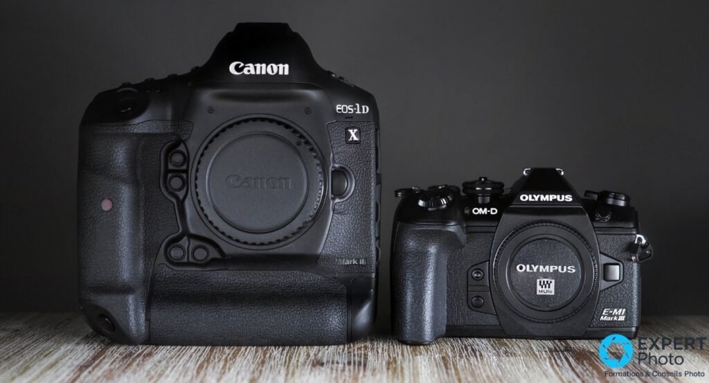 Comparaison de taille entre l'Olympus OM-D E-M1 Mark III et un Canon EOS-1D X Mark II, boîtiers nus sur surface en bois.