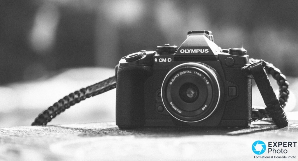 Olympus OM-D E-M1 avec objectif M.Zuiko 17 mm f/1.8 en noir et blanc, sangle tressée traversant le premier plan.
