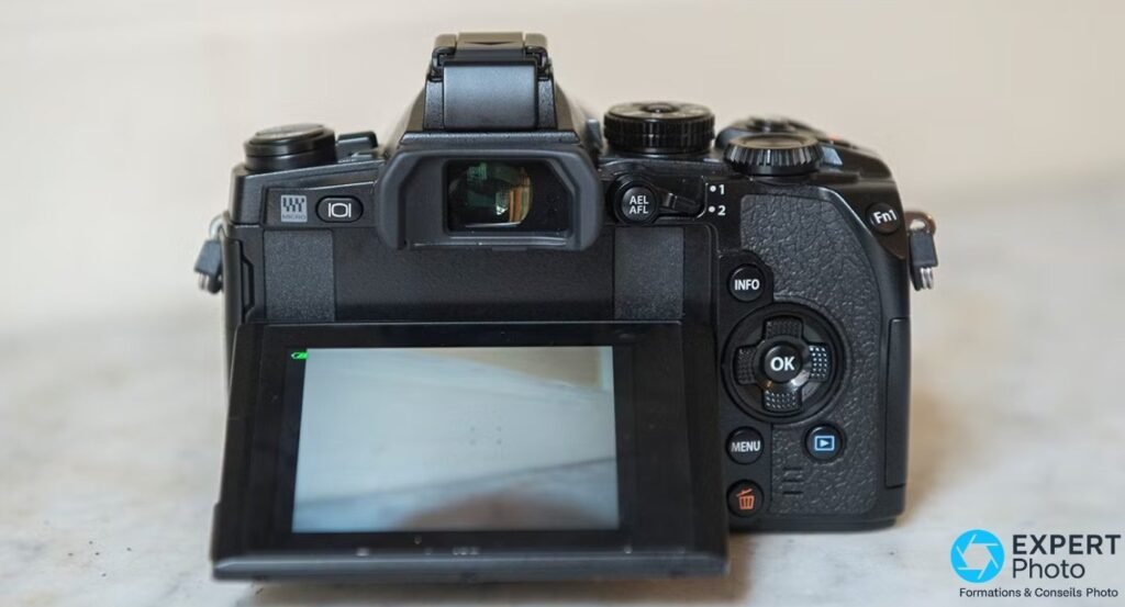 Dos de l'Olympus OM-D E-M1 avec écran LCD déployé, viseur, boutons INFO, OK, MENU et logo Micro 4/3 visibles.