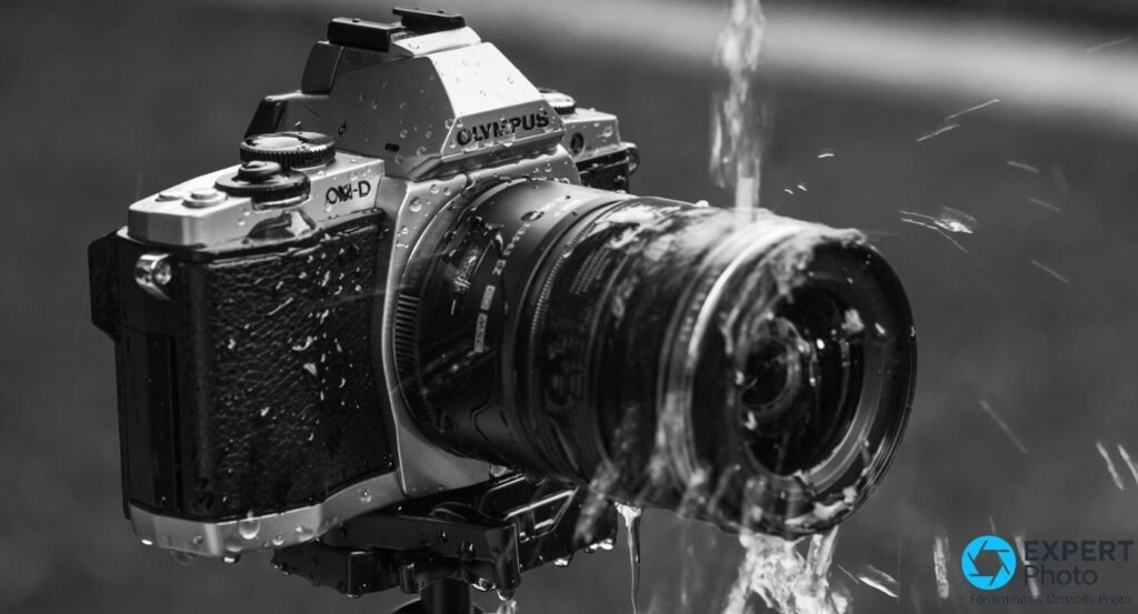 Olympus OM-D E-M5 argent sous jet d'eau, gouttes figées sur boîtier et optique, photo en noir et blanc.