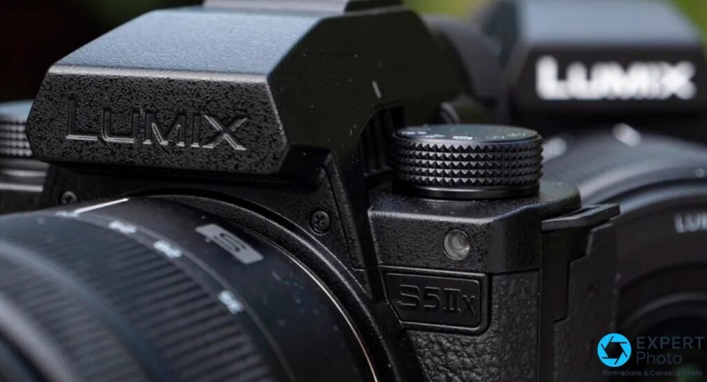 Gros plan sur le logo LUMIX en relief de la bosse du viseur, la molette arrière crantée et le badge S5IIx en façade.