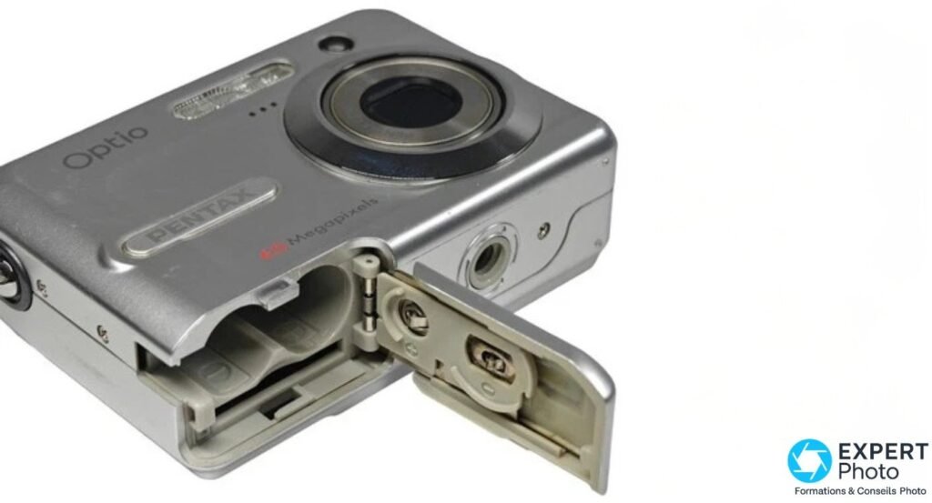 
Pentax Optio E20 trappe ouverte, logements de 2 piles AA et emplacement carte SD visibles côté droit du boîtier