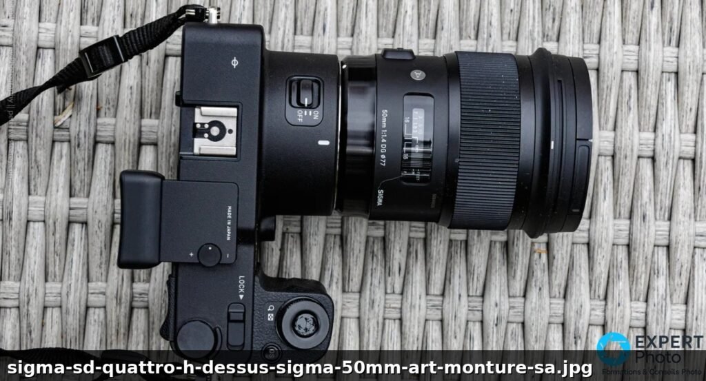 Sigma sd Quattro H vu du dessus avec le Sigma 50mm f/1,4 DG Art en monture SA monté, commandes ON/OFF et LOCK visibles