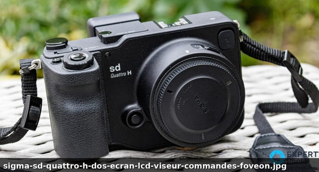 Dos du Sigma sd Quattro H montrant l'écran LCD 3 pouces, viseur EVF excentré, boutons AF, AEL, ISO, MODE, MENU et inscription Foveon X3 Sensor