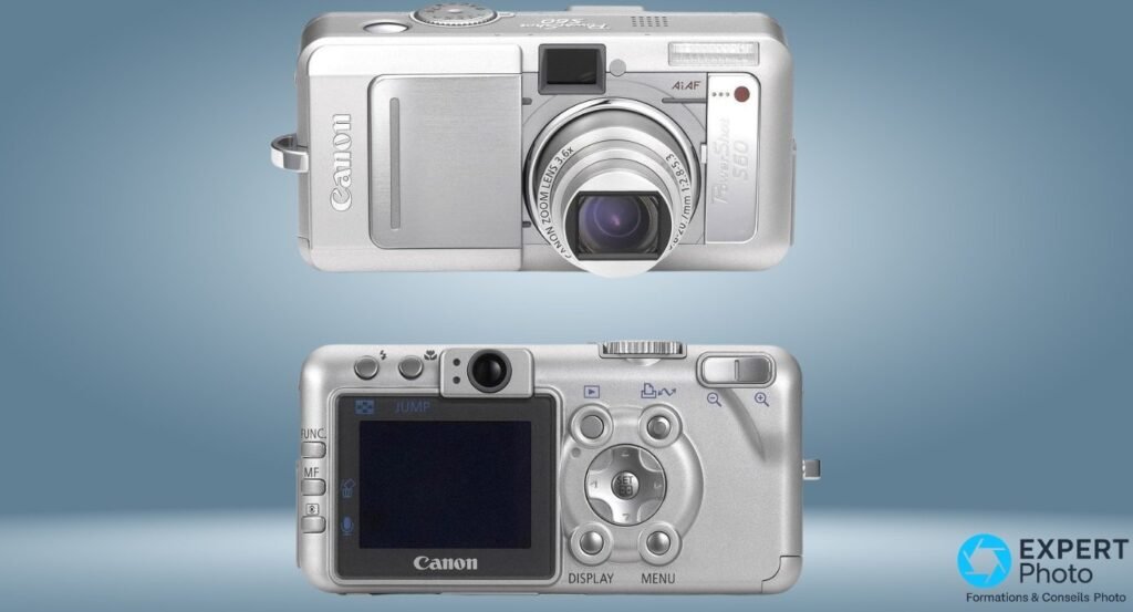 Canon PowerShot S60 vues face avant et face arrière, boîtier compact argent à objectif déployé.