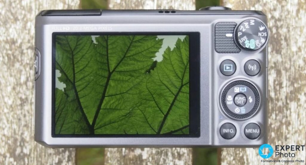 Canon PowerShot SX720 HS vue arrière avec écran LCD fixe affichant une photo et molette de modes