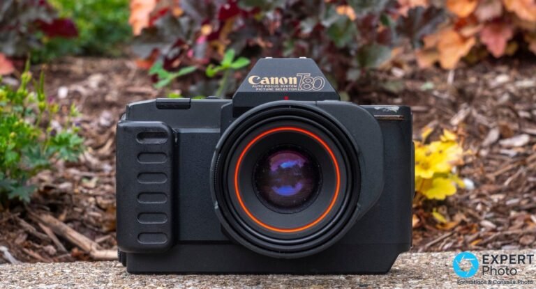 Canon T80 vu de face avec objectif zoom monté, en mise en scène jardin