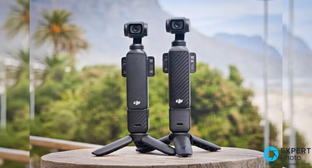 Deux caméras DJI Osmo Pocket 4 noires montées sur trépied compact, posées en extérieur, logo DJI visible sur les deux corps 