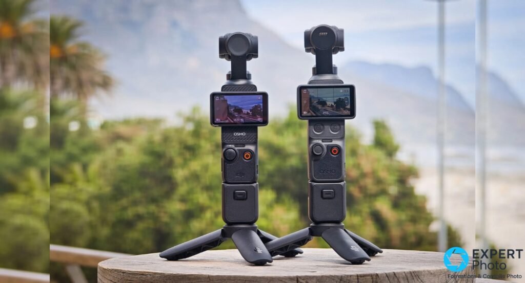 Deux caméras stabilisées DJI Osmo Pocket, écrans tactiles allumés affichant la prévisualisation vidéo, sur trépied en extérieur 