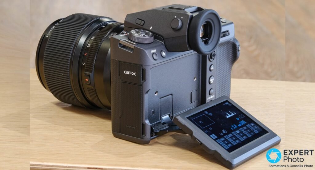 Fujifilm GFX100 II de trois quarts arriere, ecran arriere inclinable deploye, objectif GF monte
