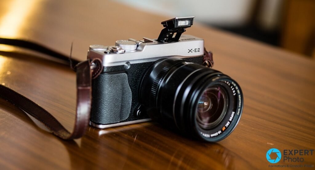 Fujifilm X-E2 silver flash intégré relevé, équipé du Fujinon XF 18-55mm, sangle cuir bordeaux à gauche, sur table en bois. 