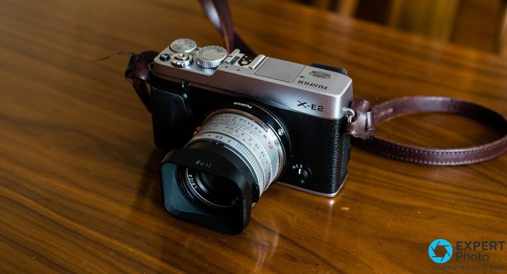  Fujifilm X-E2 silver équipé d'un objectif Leica M via adaptateur monture X, pare-soleil carré et sangle cuir bordeaux.
