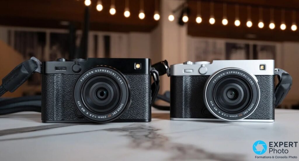 Fujifilm X-E5 en finition noire à gauche et silver à droite, vue de face, objectifs XF 23mm F2.8 montés. 