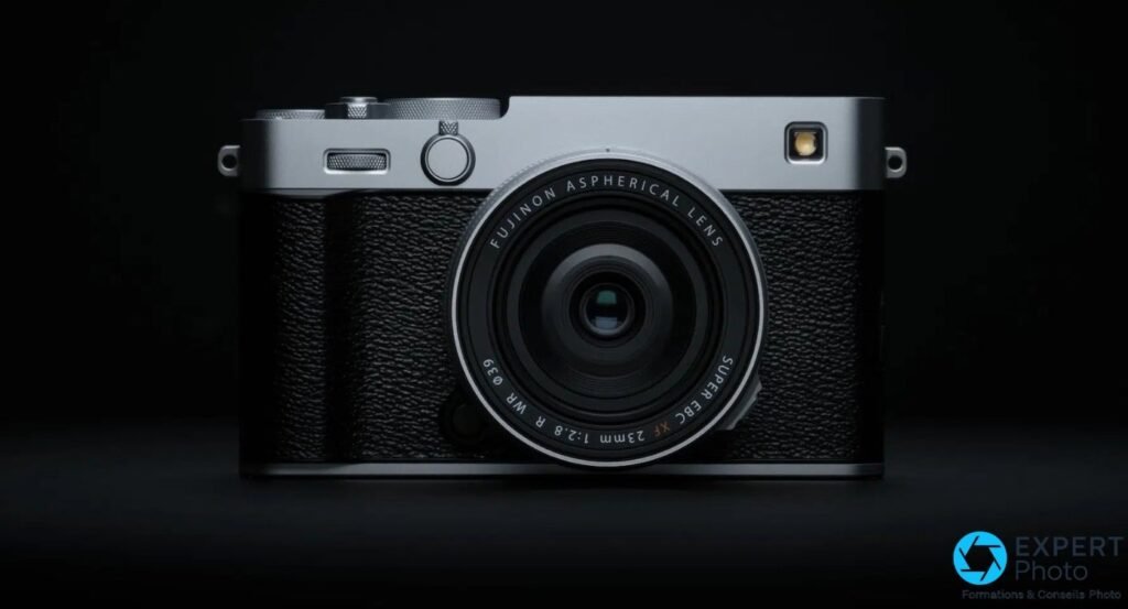 Fujifilm X-E5 silver vue de face frontale sur fond noir, objectif XF 23mm F2.8 R WR monté, contraste studio.